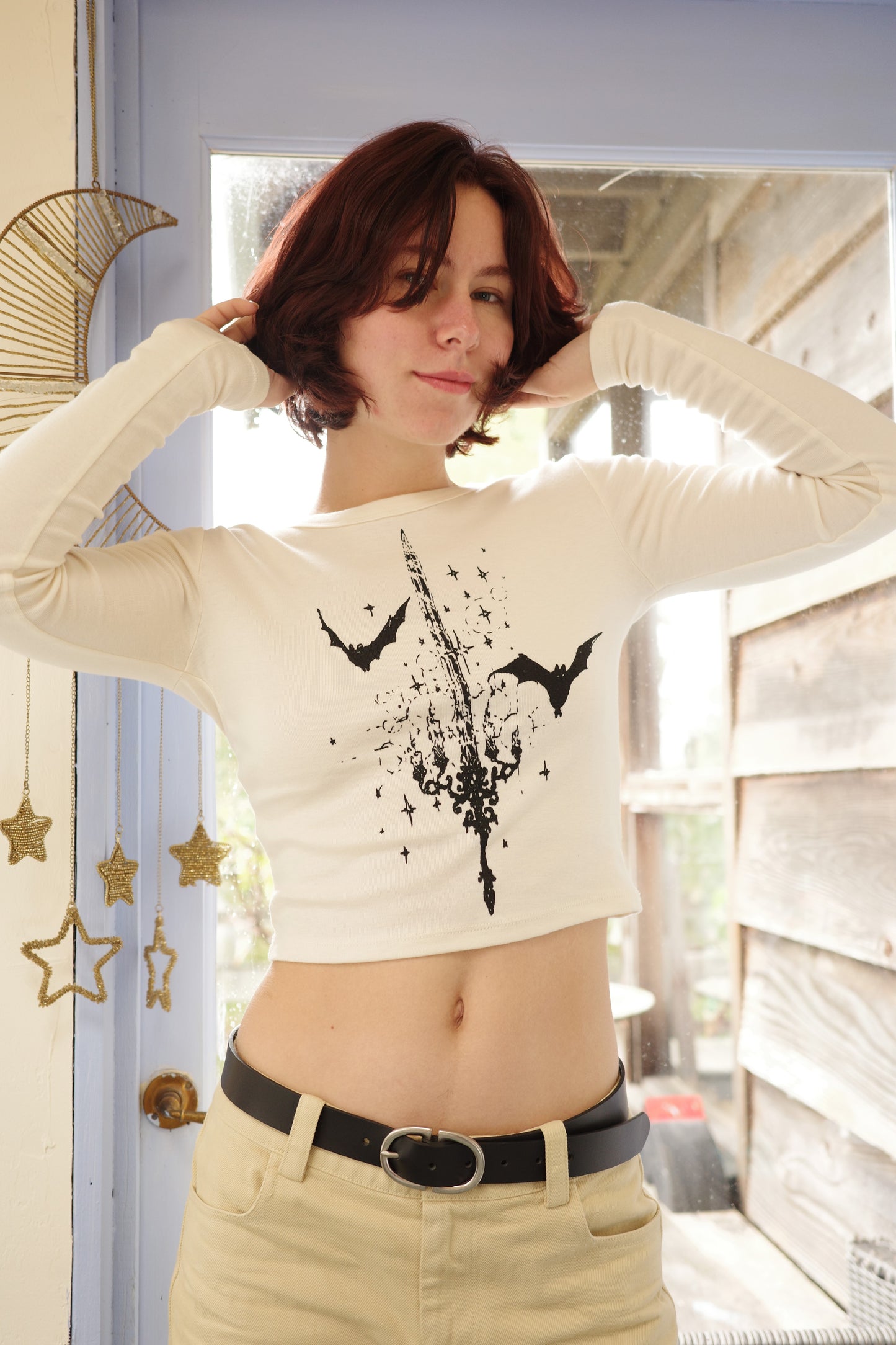 Baby Tee Bat Sword Long Sleeve Natural Tone