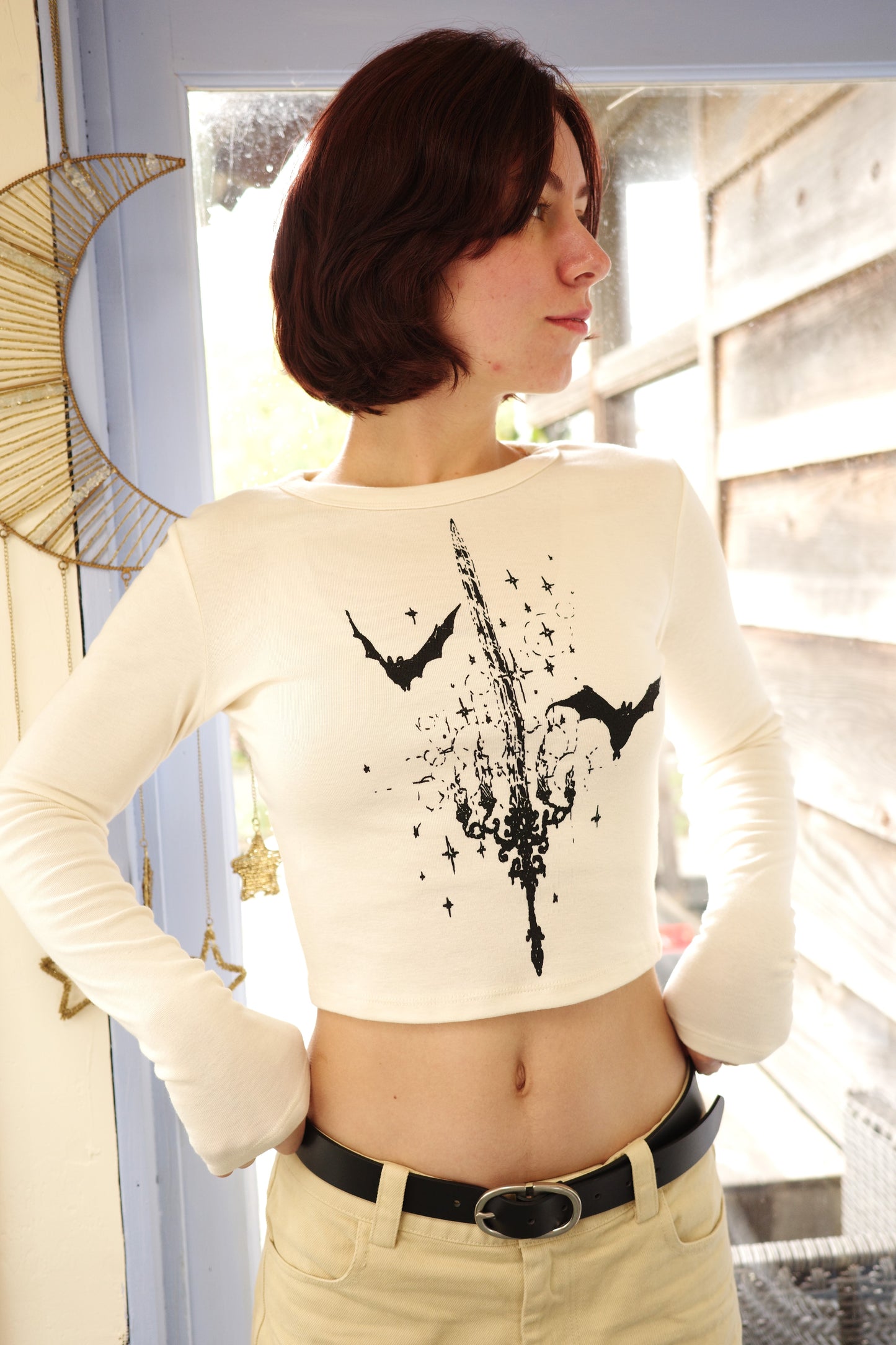 Baby Tee Bat Sword Long Sleeve Natural Tone